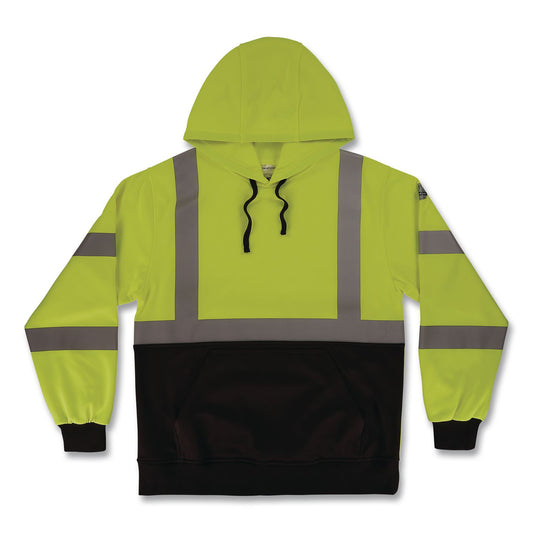 GloWear 8311BK Class 3 Essential Hi-Vis Hooded Sweatshirt with Black Bottom, Medium, Lime