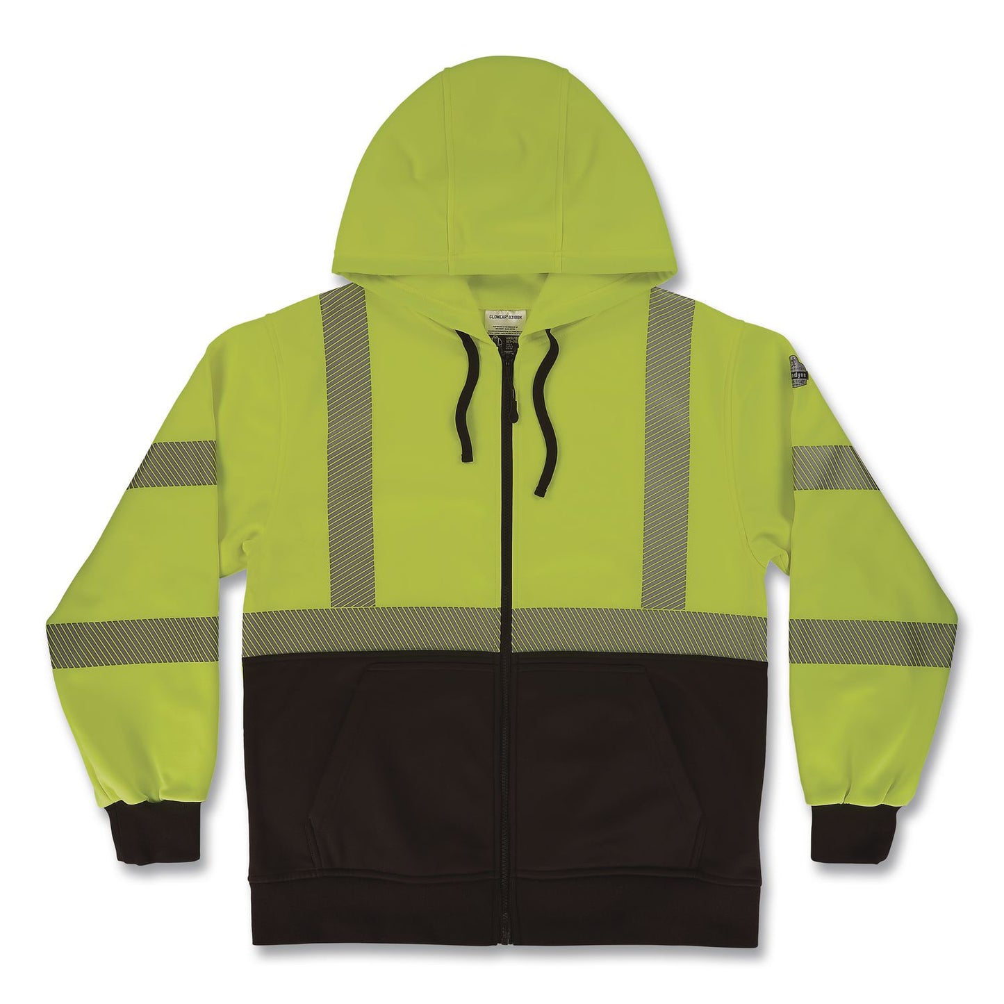 GloWear 8318BK Class 3 Performance Hi-Vis Hooded Zip-Up Sweatshirt with Black Bottom, Medium, Lime