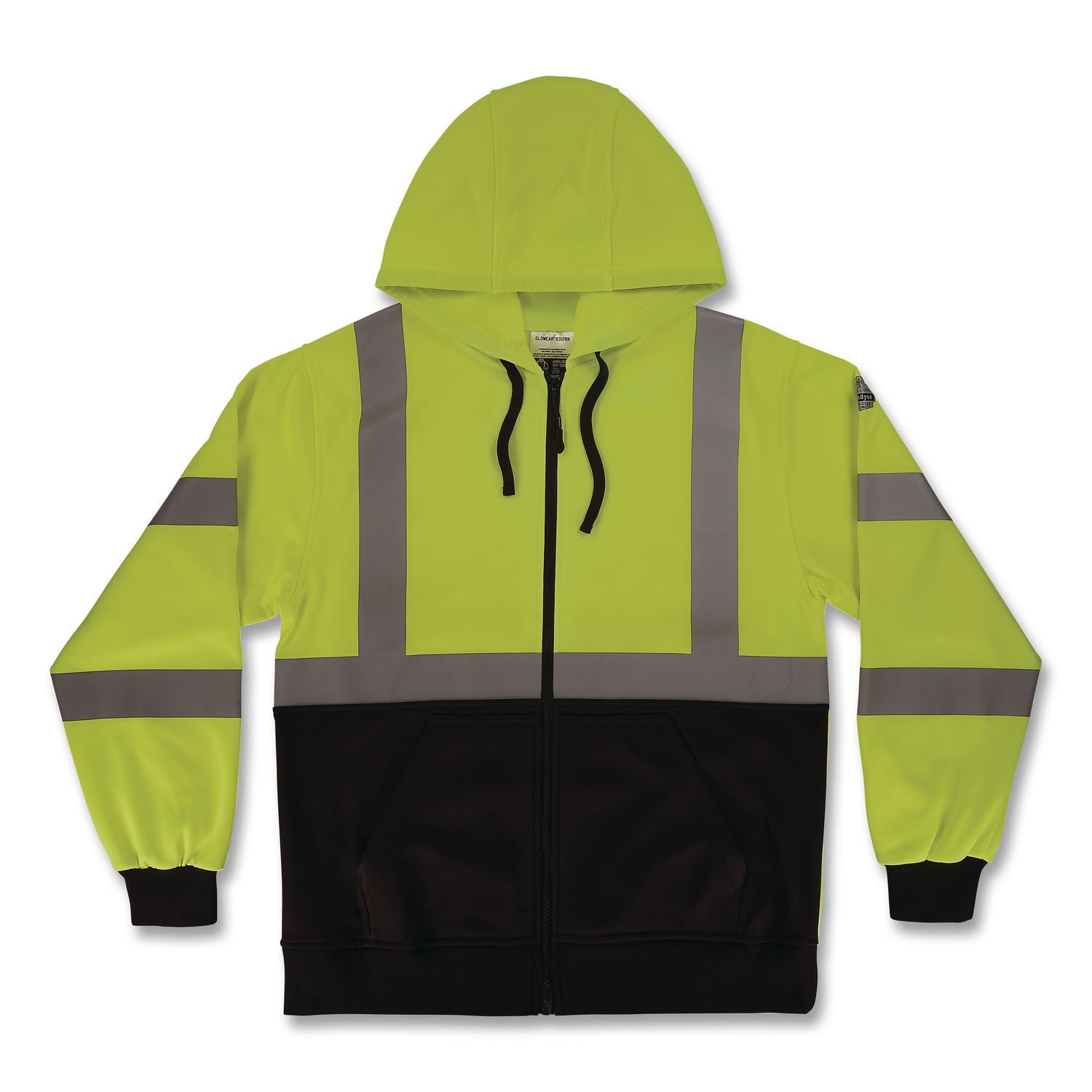GloWear 8312BK Class 3 Essential Hi-Vis Hooded Zip-Up Sweatshirt with Black Bottom, Large, Lime