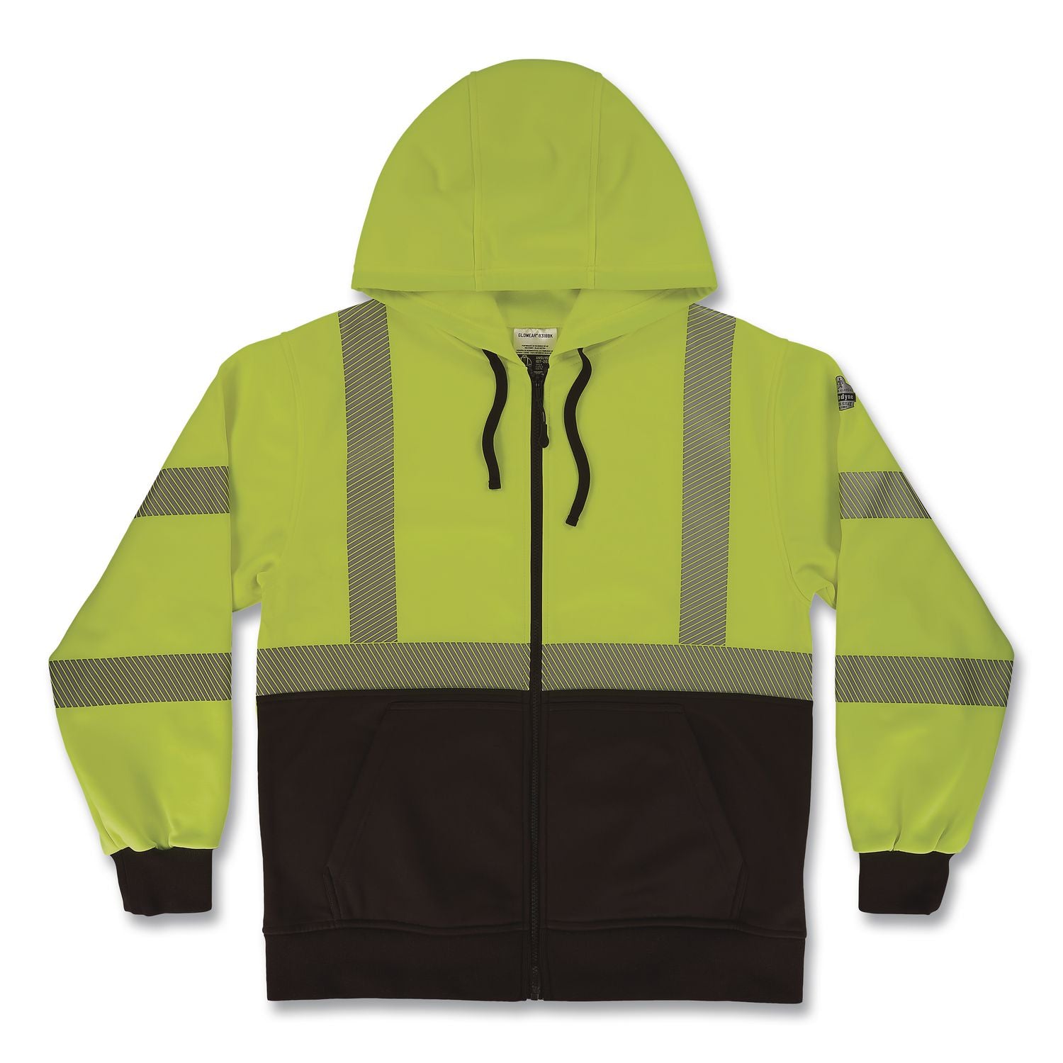 GloWear 8318BK Class 3 Performance Hi-Vis Hooded Zip-Up Sweatshirt with Black Bottom, X-Large, Lime