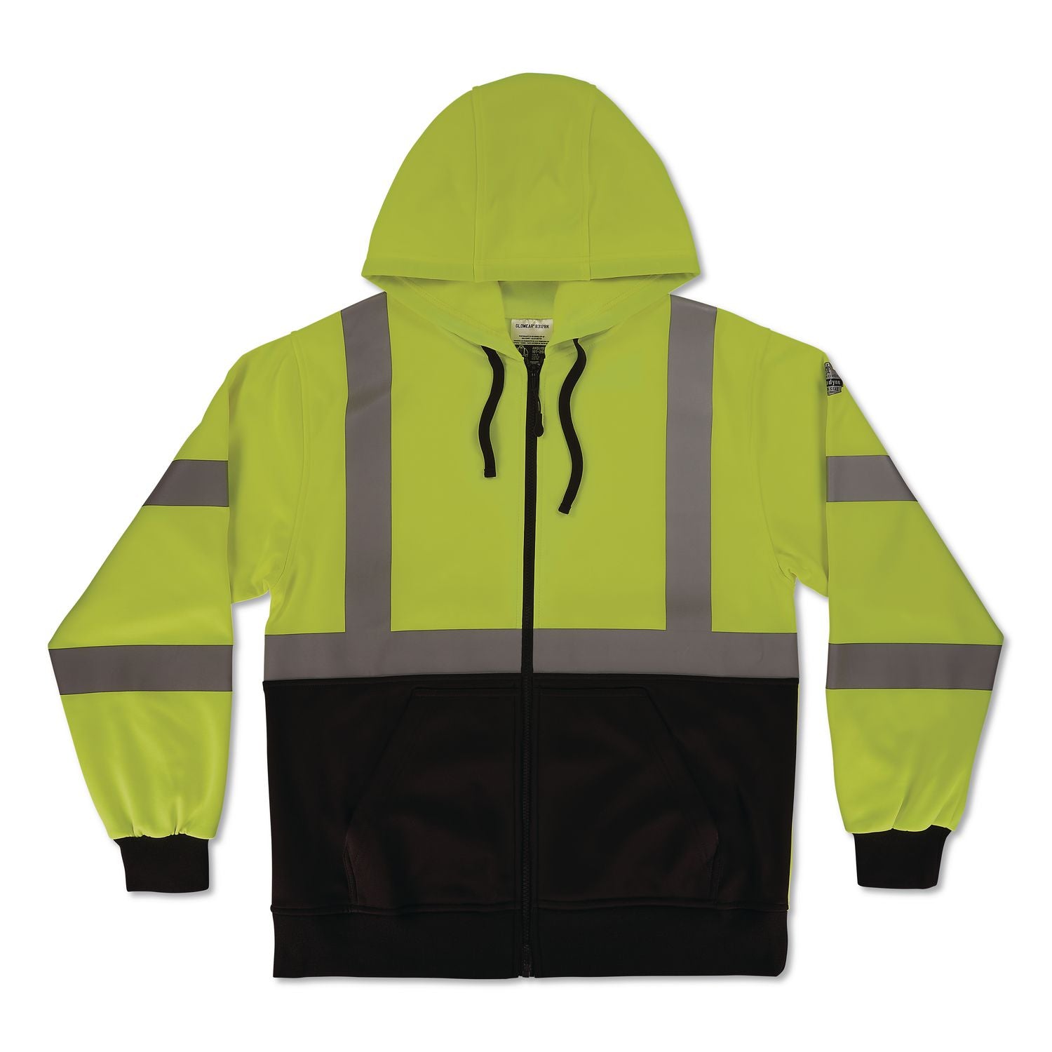 GloWear 8312BK Class 3 Essential Hi-Vis Hooded Zip-Up Sweatshirt with Black Bottom, 2X-Large, Lime