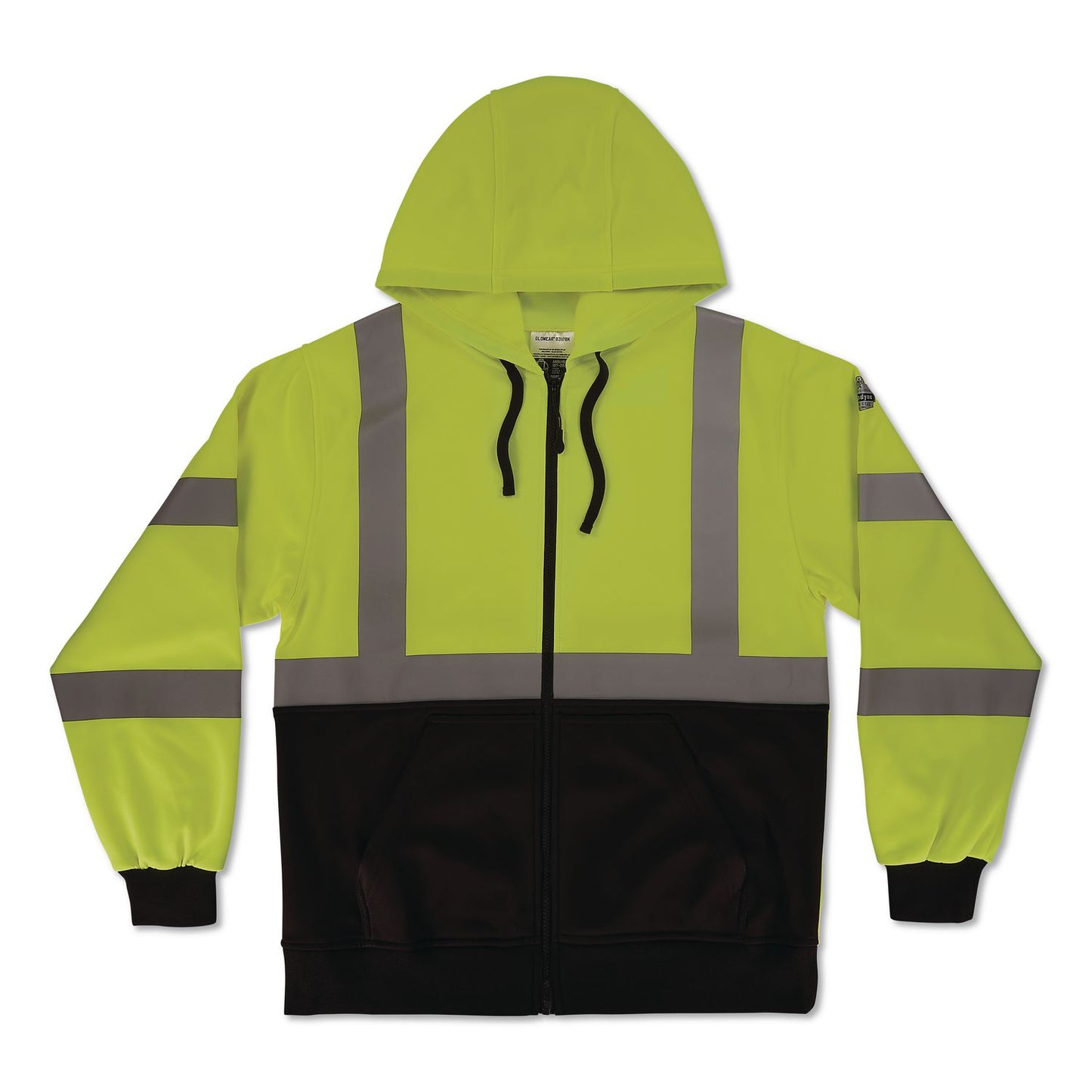 GloWear 8312BK Class 3 Essential Hi-Vis Hooded Zip-Up Sweatshirt with Black Bottom, 4X-Large, Lime