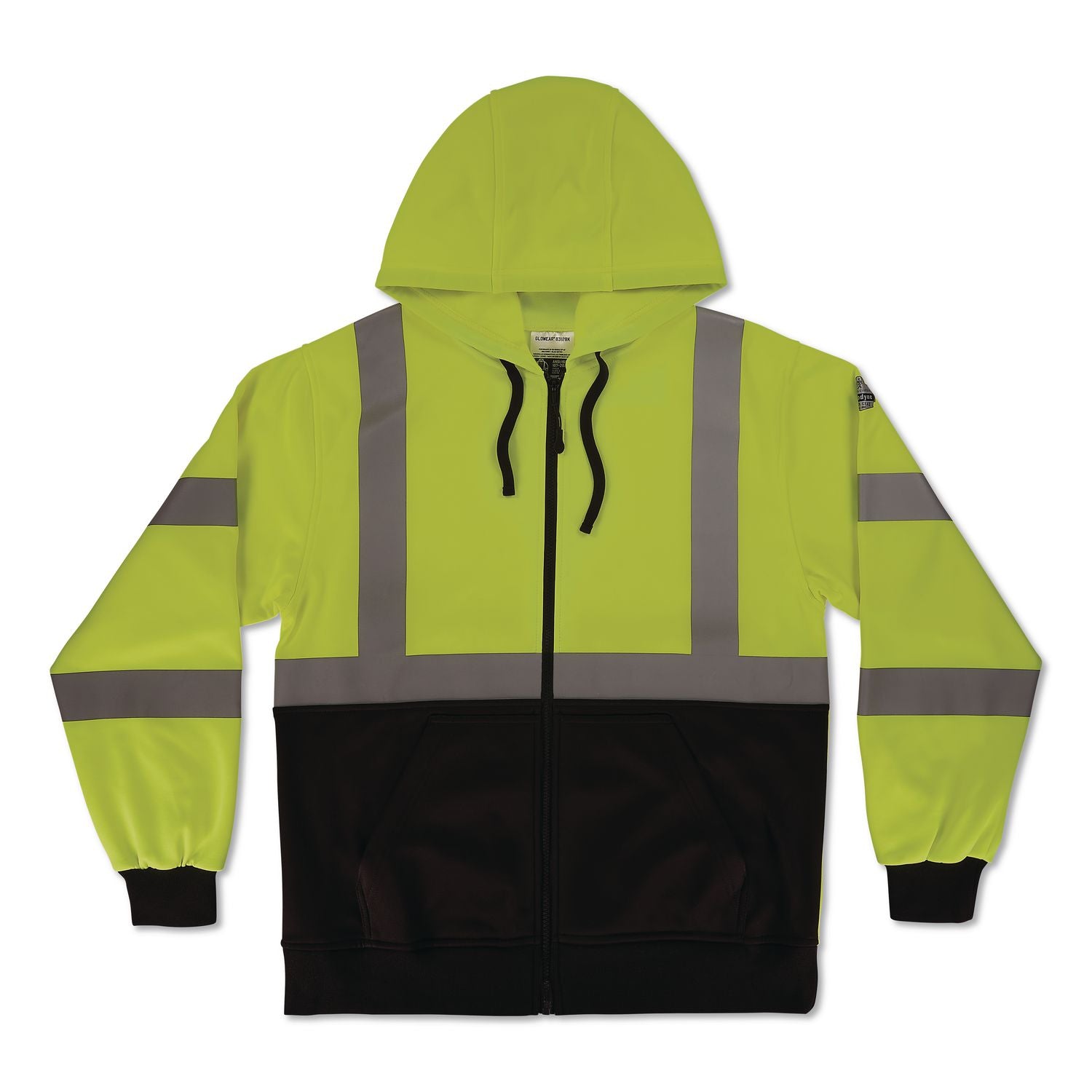GloWear 8312BK Class 3 Essential Hi-Vis Hooded Zip-Up Sweatshirt with Black Bottom, 4X-Large, Lime