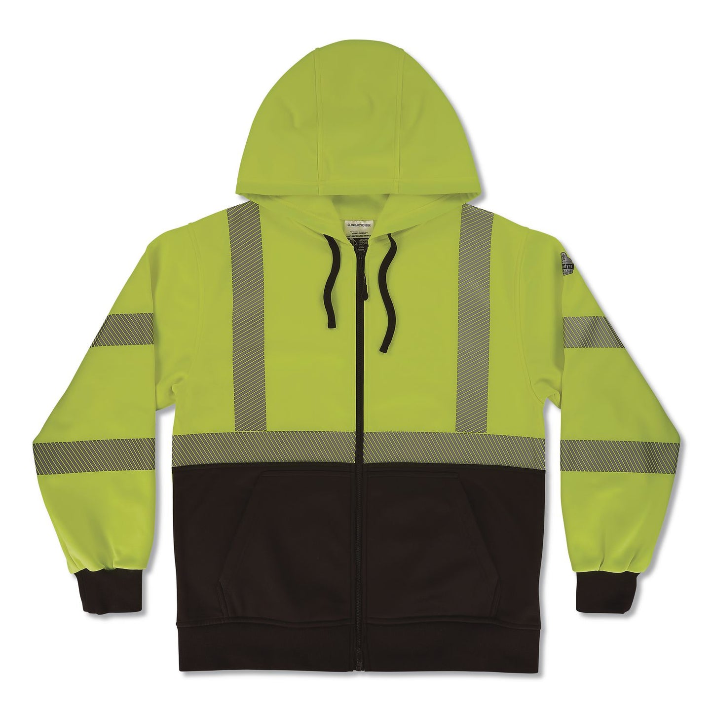 GloWear 8318BK Class 3 Performance Hi-Vis Hooded Zip-Up Sweatshirt with Black Bottom, 5X-Large, Lime