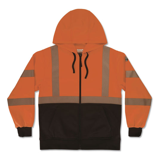 GloWear 8318BK Class 3 Performance Hi-Vis Hooded Zip-Up Sweatshirt with Black Bottom, Large, Orange