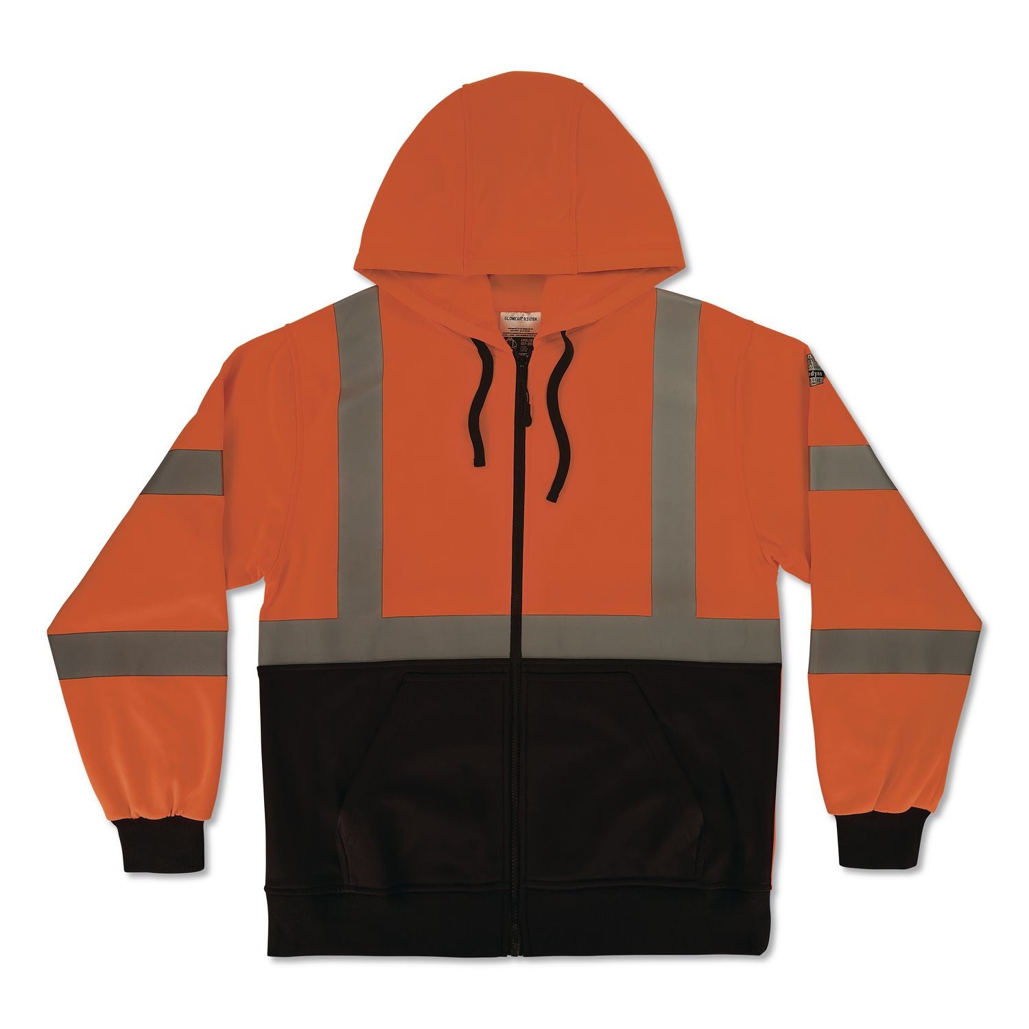 GloWear 8312BK Class 3 Essential Hi-Vis Hooded Zip-Up Sweatshirt with Black Bottom, X-Large, Orange