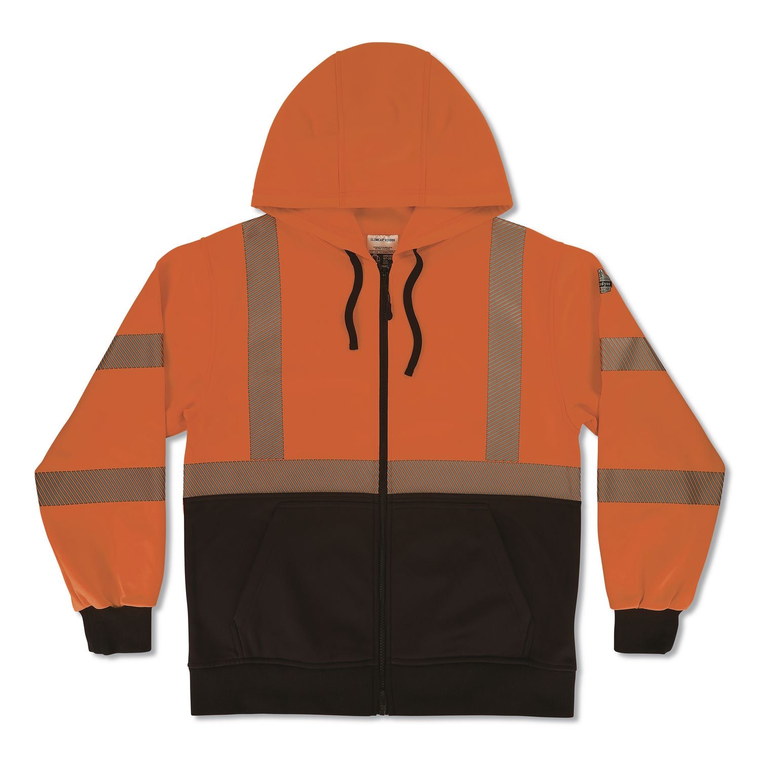 GloWear 8318BK Class 3 Performance Hi-Vis Hooded Zip-Up Sweatshirt with Black Bottom, X-Large, Orange
