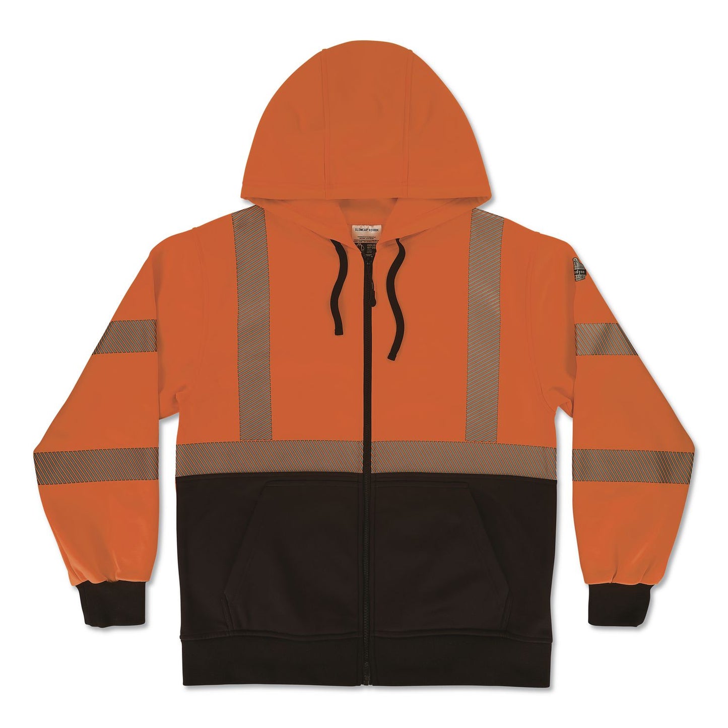 GloWear 8318BK Class 3 Performance Hi-Vis Hooded Zip-Up Sweatshirt with Black Bottom, 3X-Large, Orange