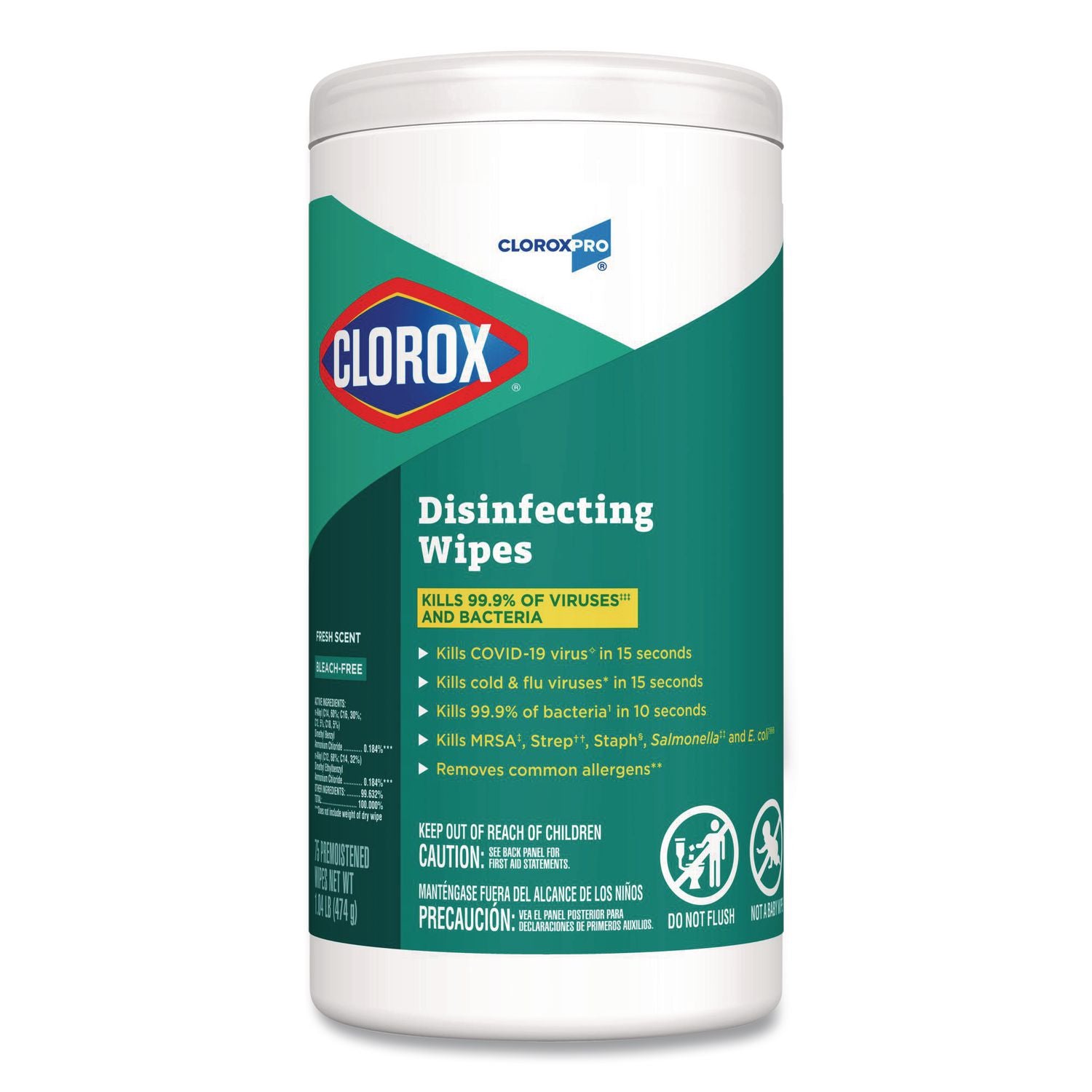 CloroxPro Disinfecting Wipes, 1-Ply, 7 x 8, Fresh Scent, White, 75/Canister