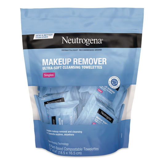Makeup Remover Ultra-Soft Cleansing Towelettes, 7.2 x 6.4, Unscented, White, 20/Pack