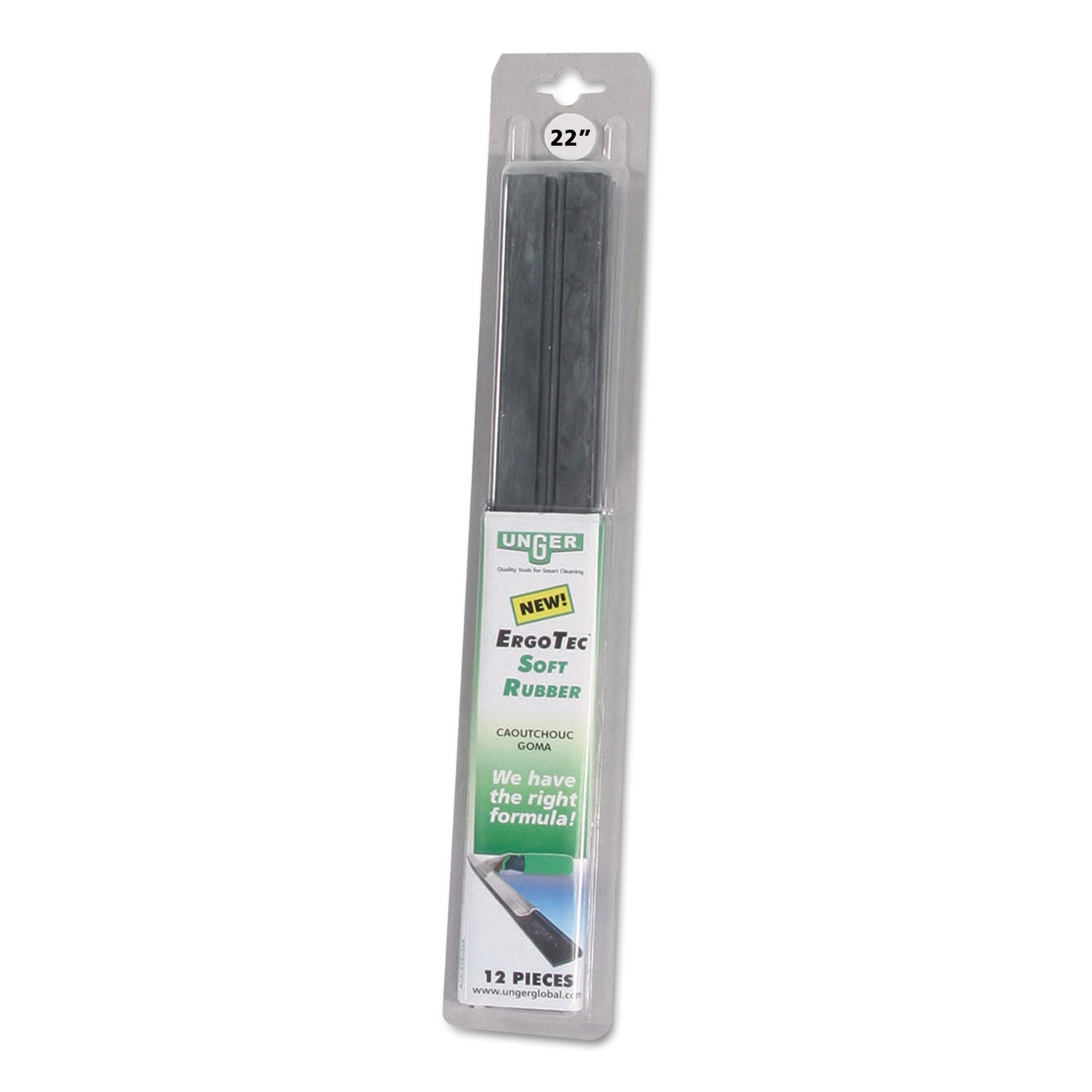 Ergotec Replacement Squeegee Blades, 16" Wide Blade, Black Rubber, Soft, 12/Pack