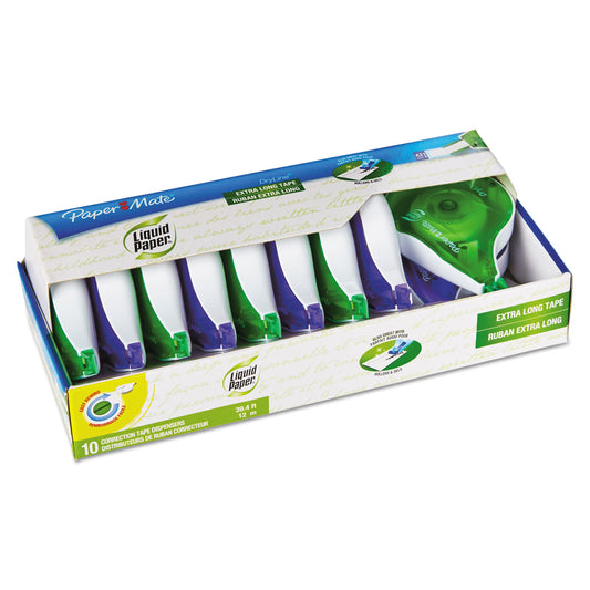 DryLine Correction Tape Value Pack, Non-Refillable, 0.17" x 39.33 ft, White Tape, Assorted Dispenser Colors, 10/Pack