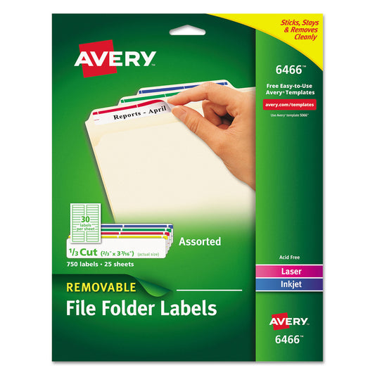 Removable File Folder Label with Sure Feed Technology, 0.66 x 3.44, White, 30/Sheet, 25 Sheets/Pack