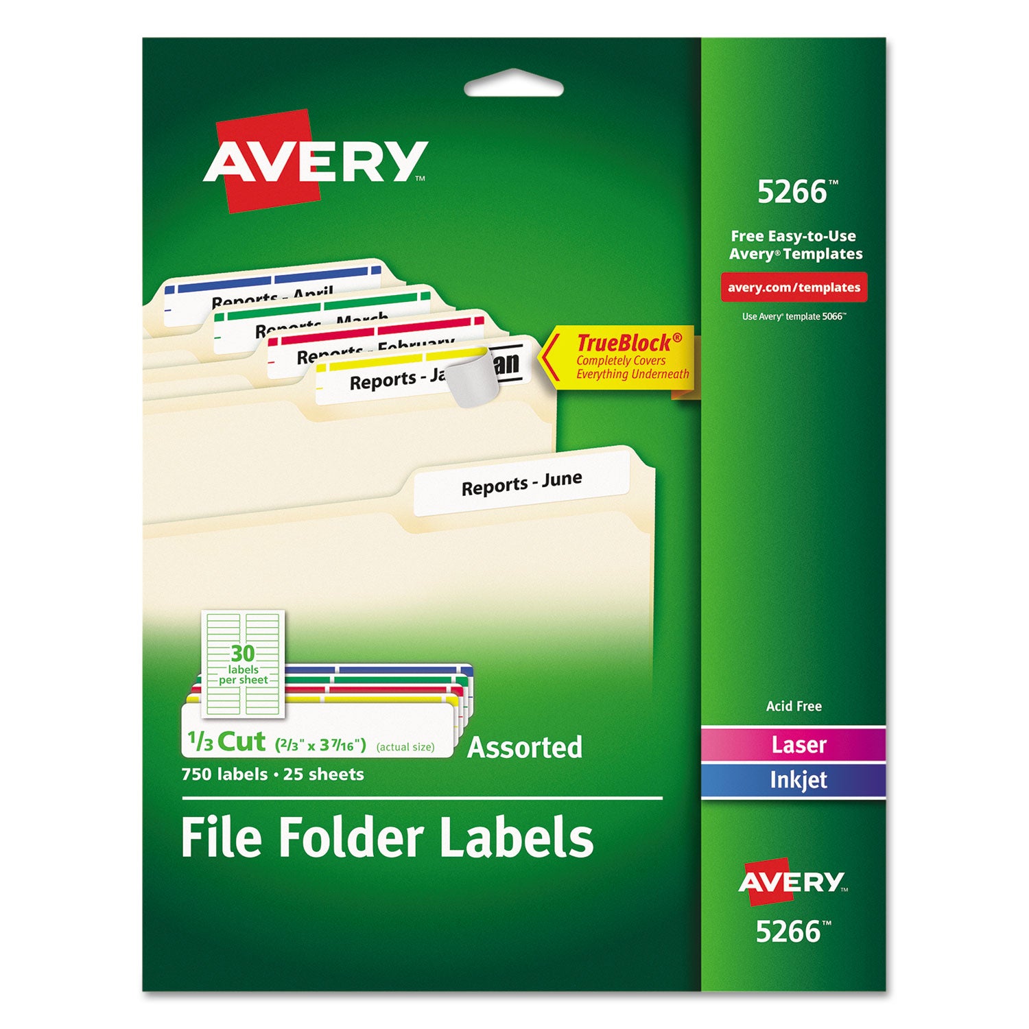 Permanent TrueBlock File Folder Label with Sure-Feed Technology, 0.66" x 3.44", White, 30/Sheet, 25 Sheets/Pack