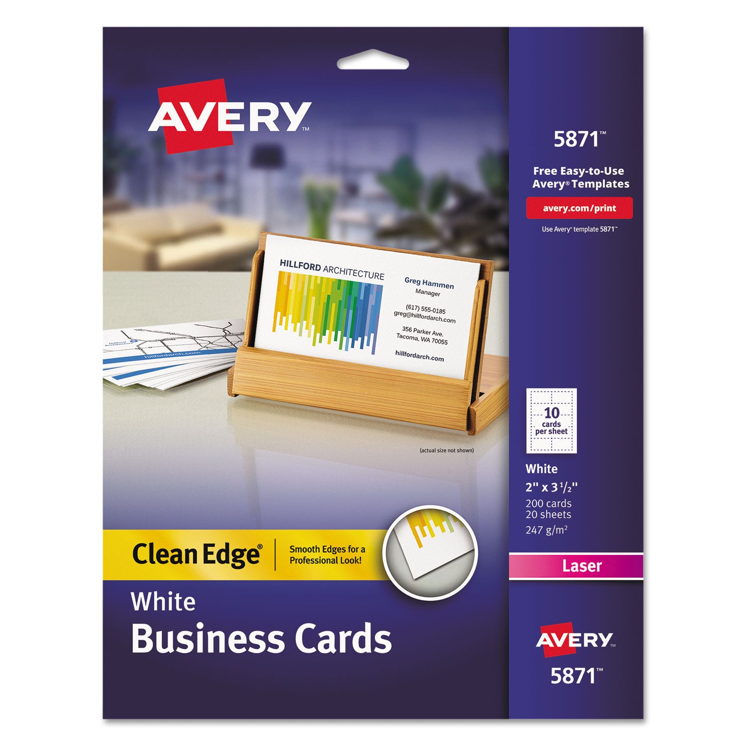 Clean Edge Business Cards, Laser, 2 x 3.5, White, 10 Cards/Sheet, 20 Sheets/Pack