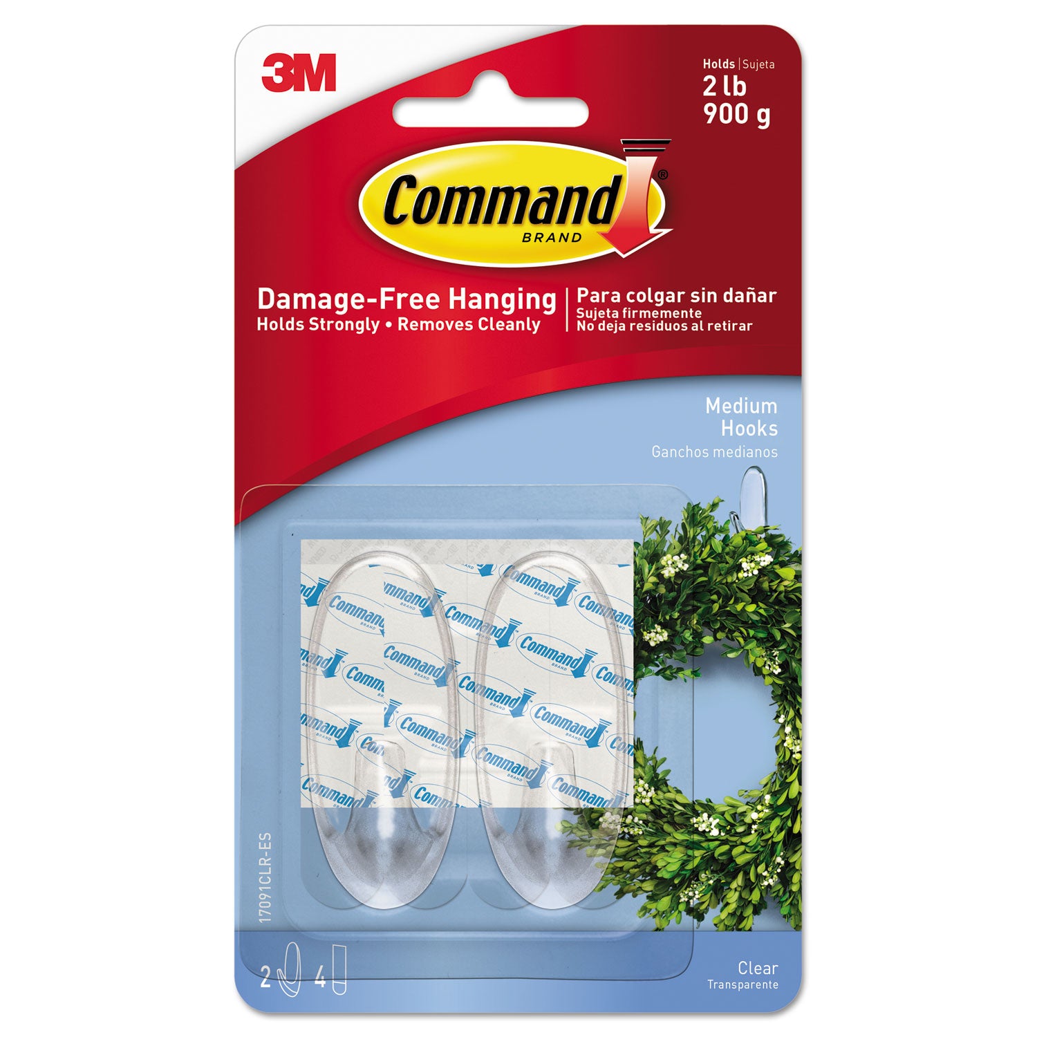 Medium Clear Hooks, Plastic, Supports 2 lb, 2/Pack