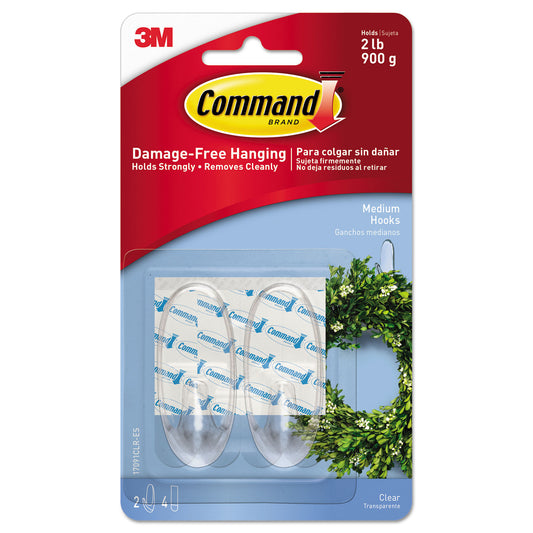 Medium Clear Hooks, Plastic, Supports 2 lb, 2/Pack