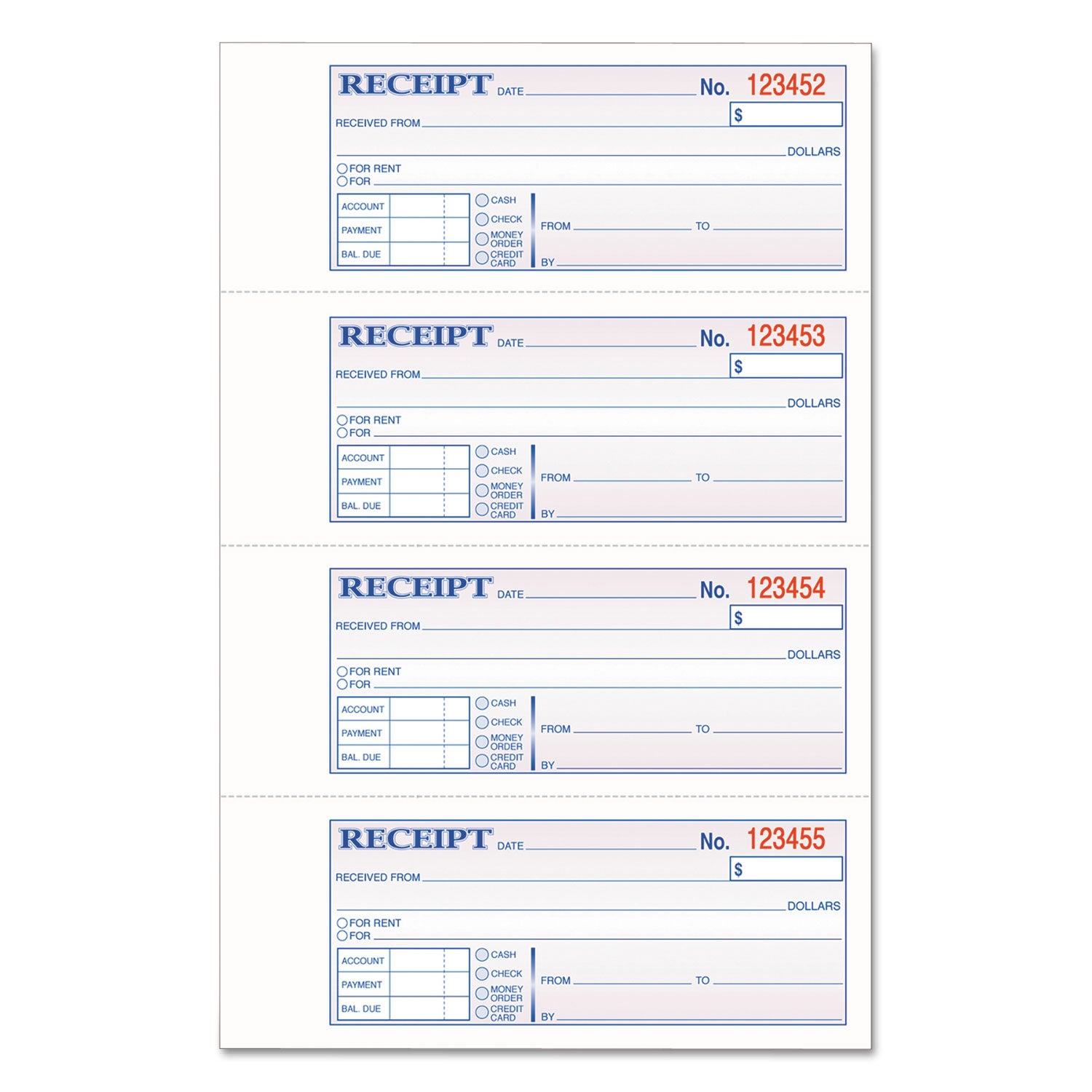 Multipart Money/Rent Receipt Book, Casebound (Hard Cover), Three-Part Carbonless, 7 x 2.75, 4 Forms/Sheet, 200 Forms Total
