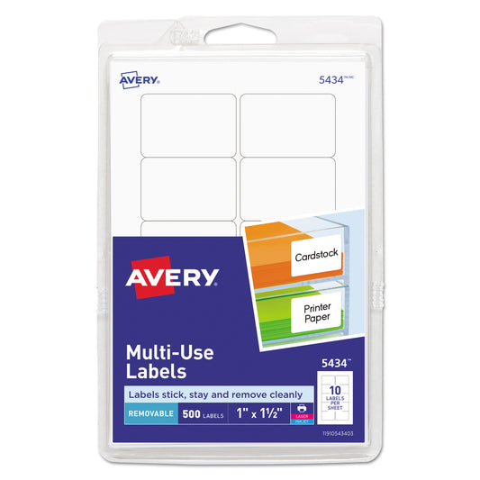 Removable Multi-Use Labels, Inkjet/laser Printers, 1 X 1.5, White, 10/sheet, 50 Sheets/pack, (5434)