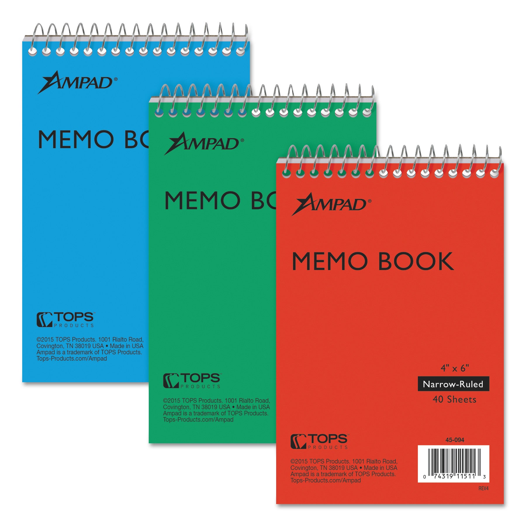 Memo Pads, Assorted Cover Colors, Narrow Rule, (40) White 4 x 6 Sheets, 3/Pack