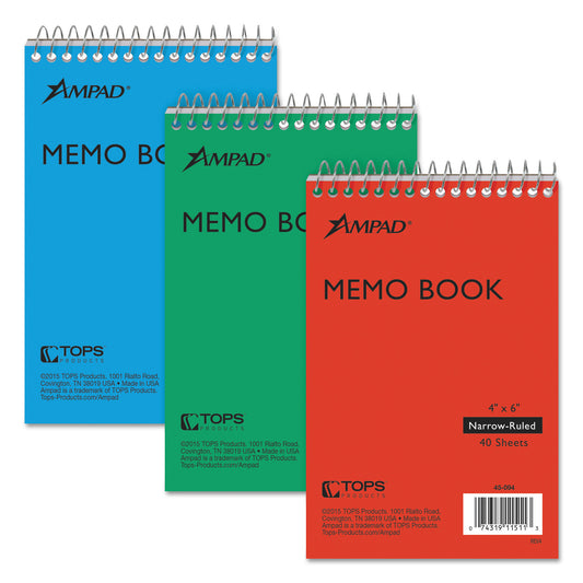 Memo Pads, Assorted Cover Colors, Narrow Rule, (40) White 4 x 6 Sheets, 3/Pack