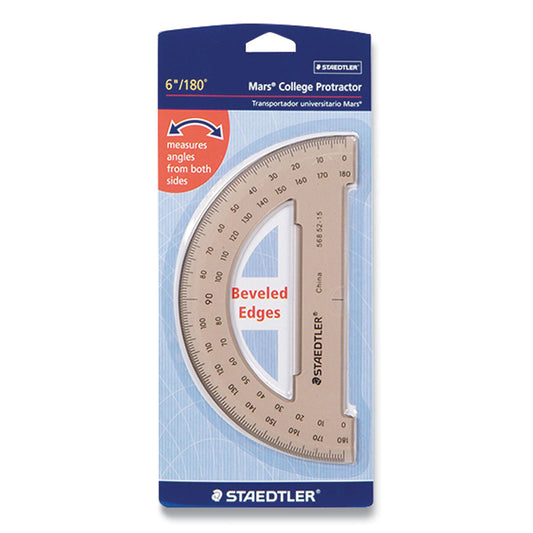 MARS COLLEGE PROTRACTOR, PLASTIC, 6" RULER EDGE/180 DEGREE, TRANSPARENT TINTED