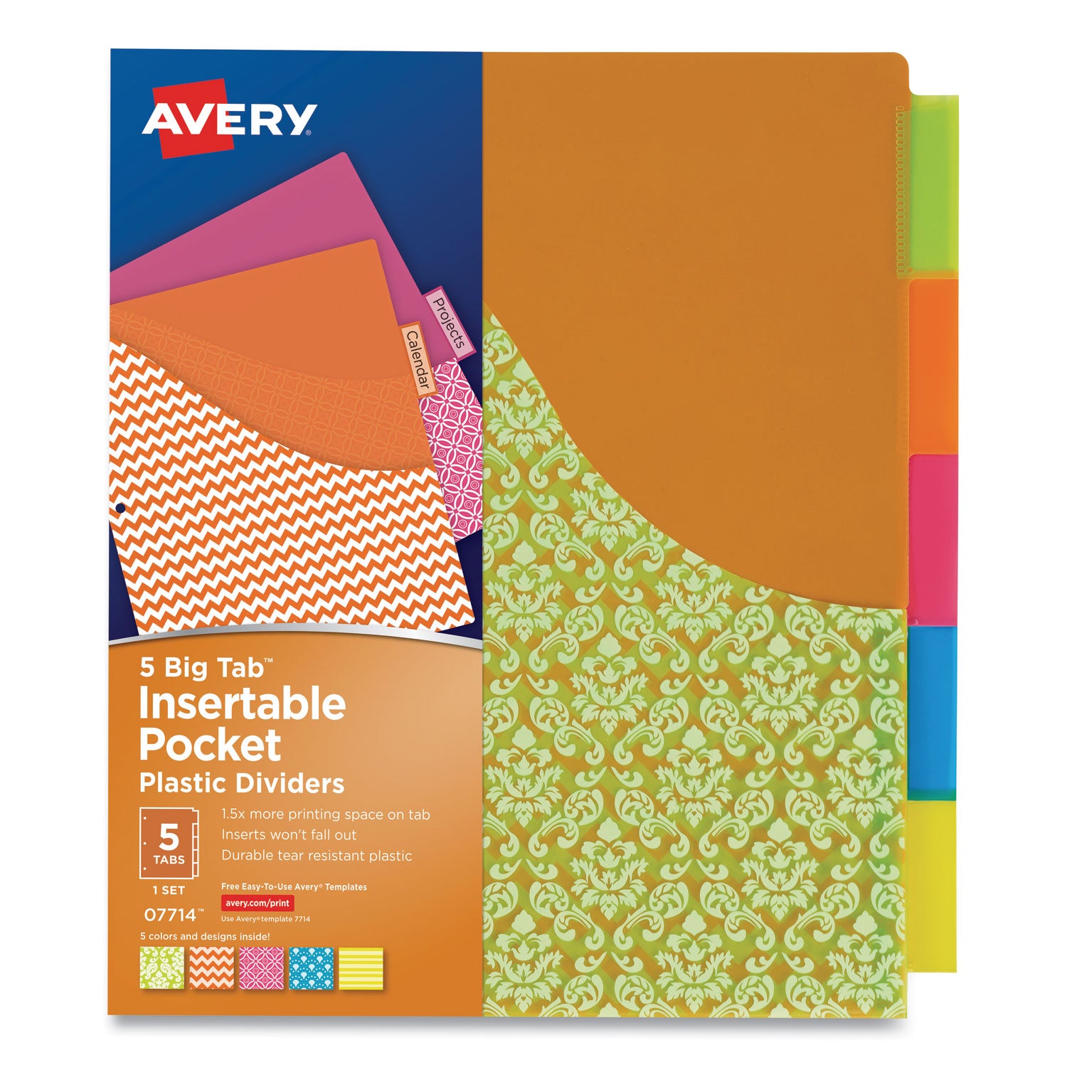 Big Tab Insertable One-Pocket Plastic Dividers, 5-Tab, 11.13 X 9.25, Assorted, 1 Set