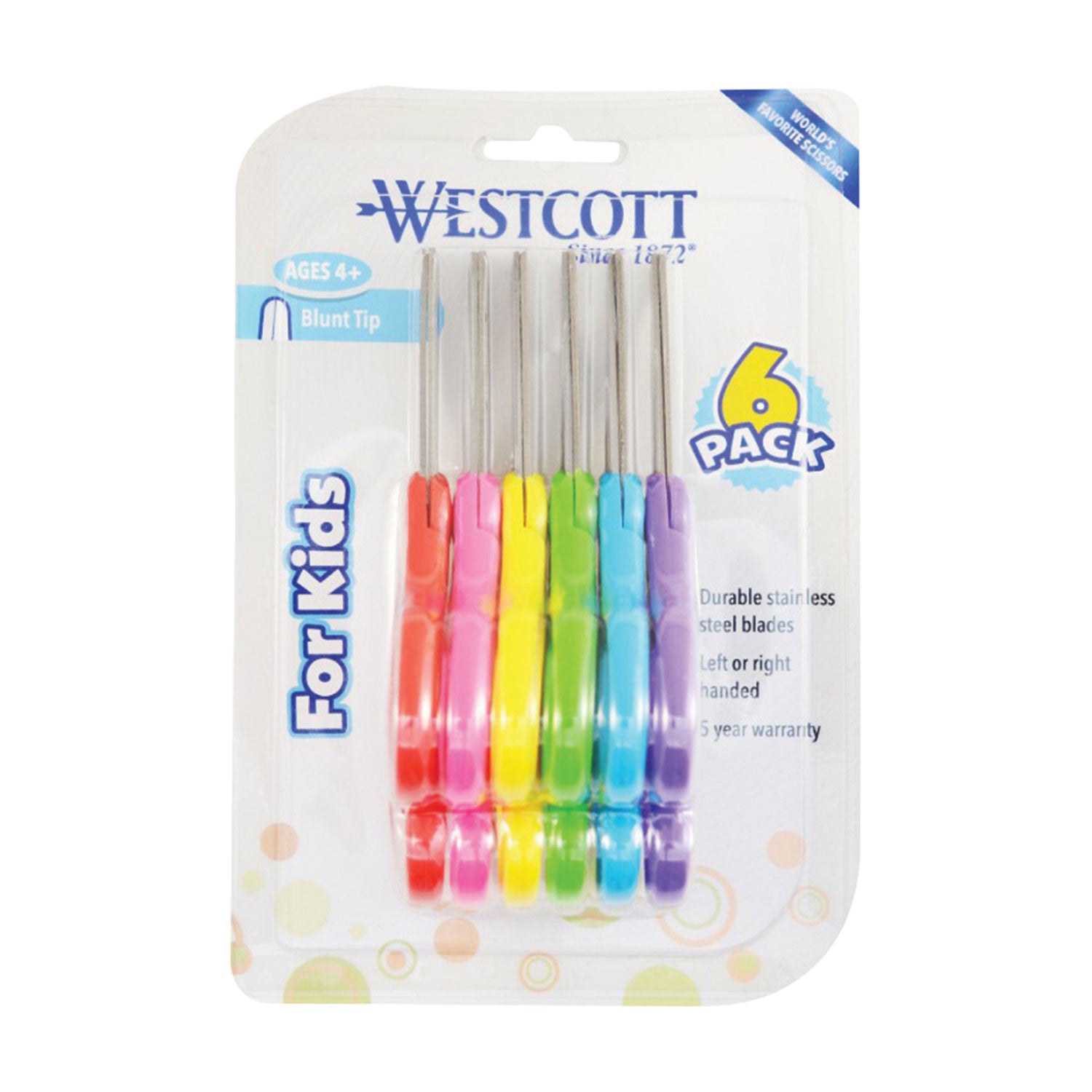 For Kids Scissors, Rounded Tip, 5" Long, 1.75" Cut Length, Straight Assorted Color Handles, 6/Pack