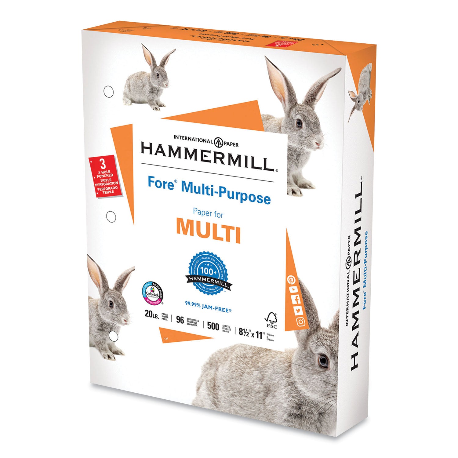 Fore Multipurpose Print Paper, 96 Bright, 3-Hole, 20 lb Bond Weight, 8.5 x 11, White, 500 Sheets/Ream