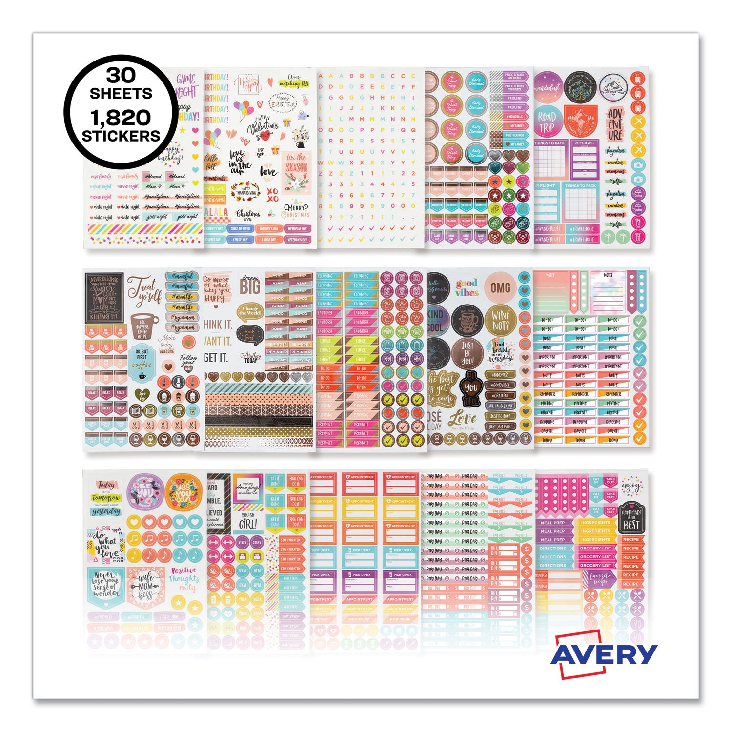 Planner Sticker Variety Pack for Moms: Budget, Family, Fitness, Holiday and Work Stickers, Assorted Sizes and Colors, 1820/PK
