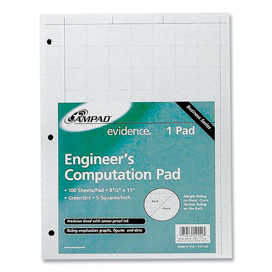 Evidence Engineer's Computation Pad, Quadrille Rule (5 sq/in, 1 sq/in), (100) Green-Tint 8.5 x 11 Sheets