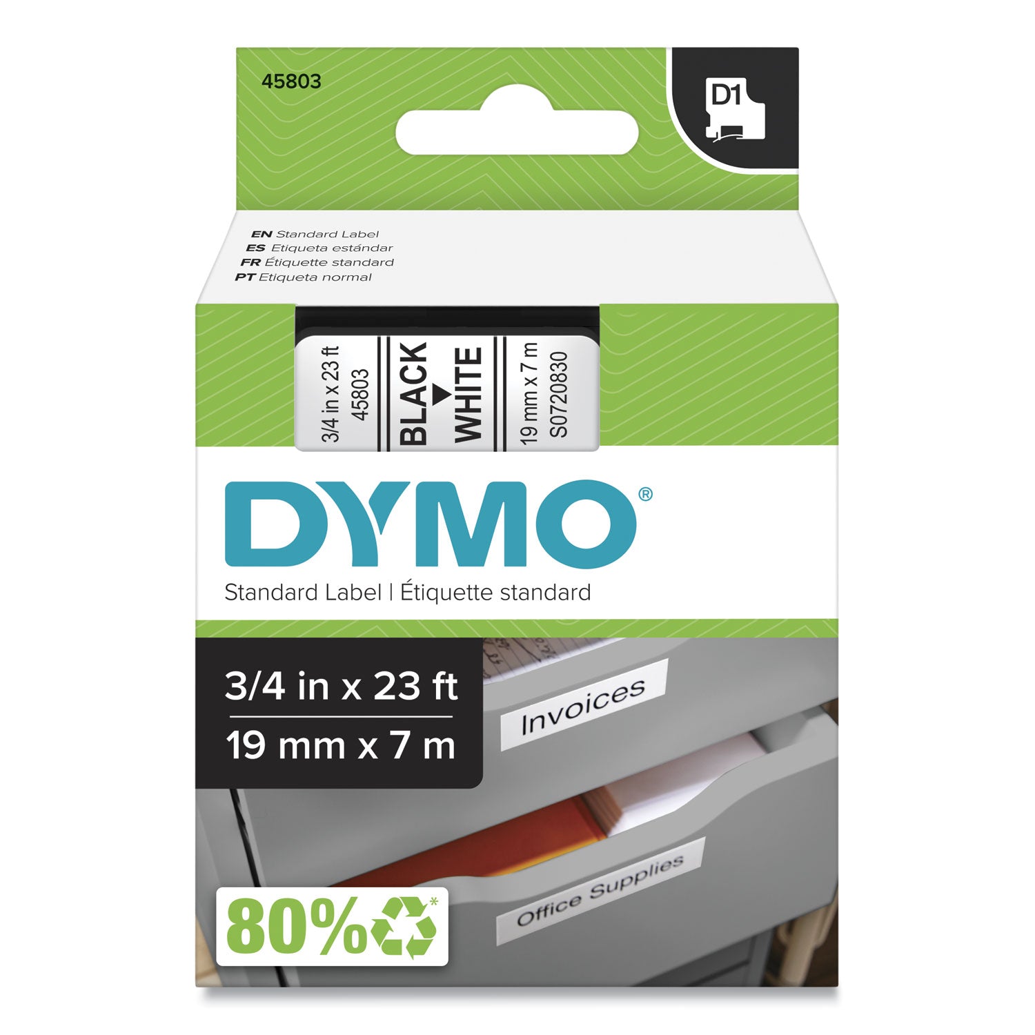 D1 High-Performance Polyester Removable Label Tape, 0.75" X 23 Ft, Black On White