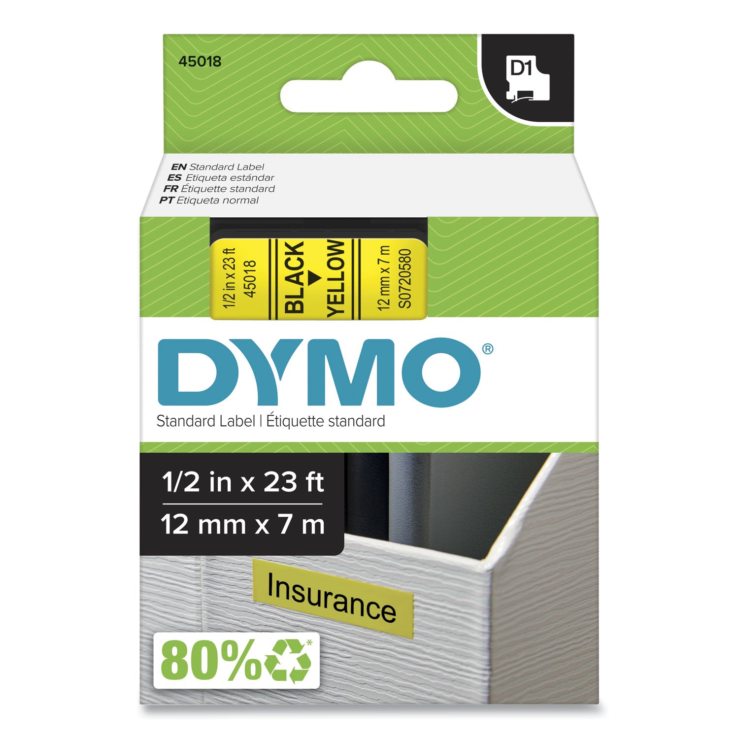D1 High-Performance Polyester Removable Label Tape, 0.5" X 23 Ft, Yellow
