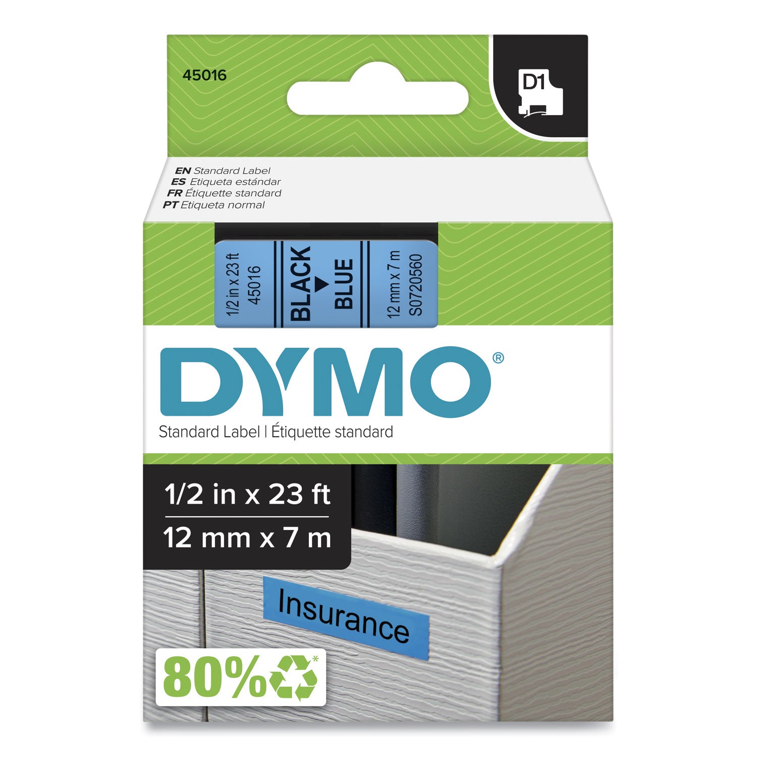 D1 High-Performance Polyester Removable Label Tape, 0.5" X 23 Ft, Black On Blue