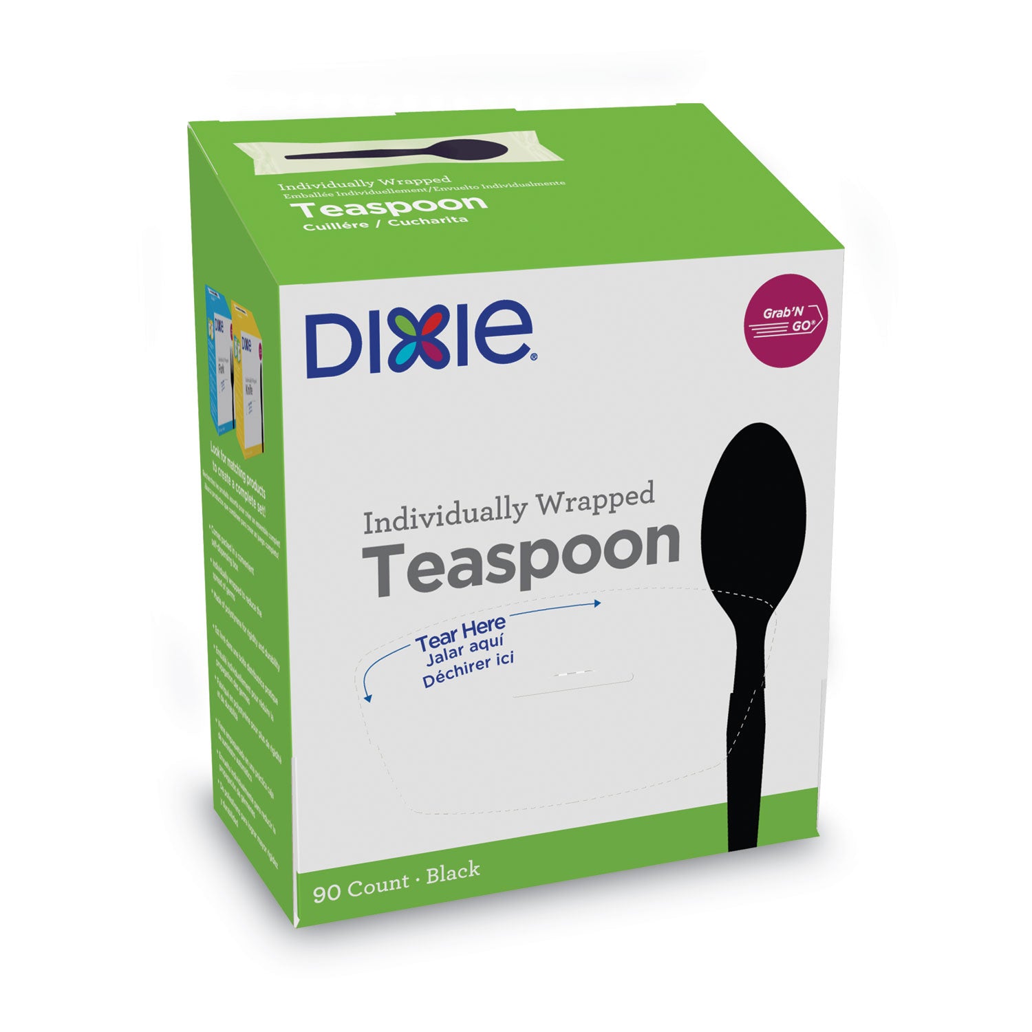 Grab'N Go Wrapped Cutlery, Spoon, Plastic, Black, 90/Box