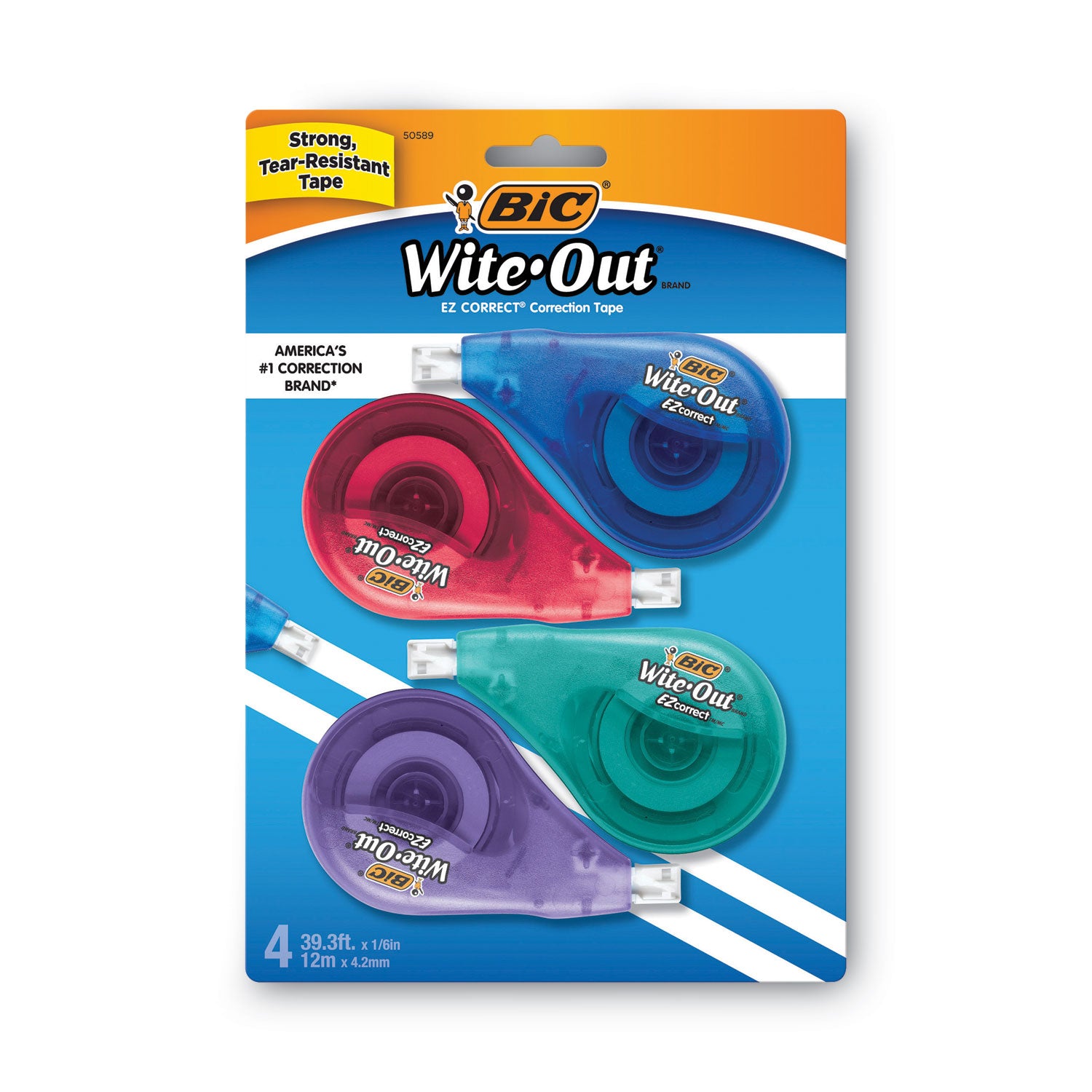 Wite-Out Brand EZ Correct Correction Tape, Non-Refillable, 0.17" x 33.33 ft, Randomly Assorted Dispenser Colors, 4/Pack