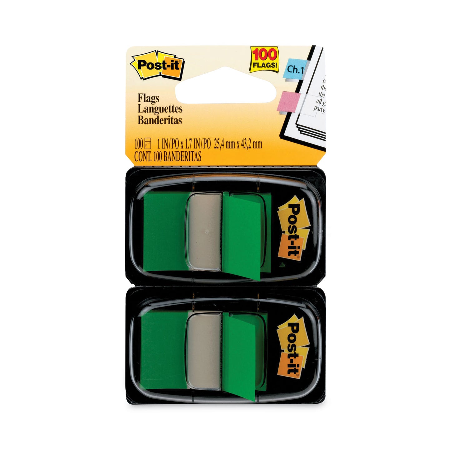 Standard Page Flags in Dispenser, Green, 50 Flags/Dispenser, 2 Dispensers/Pack