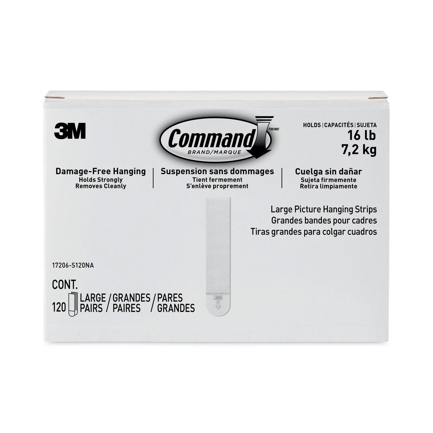 Damage-Free Hanging Picture Hanging Strip Pairs, Holds Up to 3.75 lb, Large: 0.75" x 3.65", White, 120/Pack