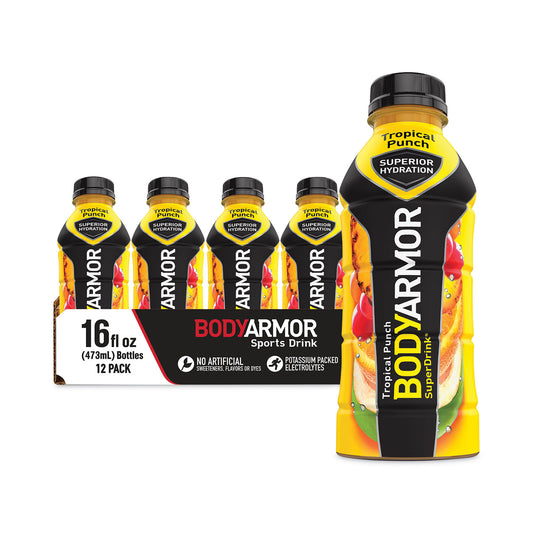 SuperDrink Sports Drink, Tropical Punch, 16 oz Bottle, 12/Pack