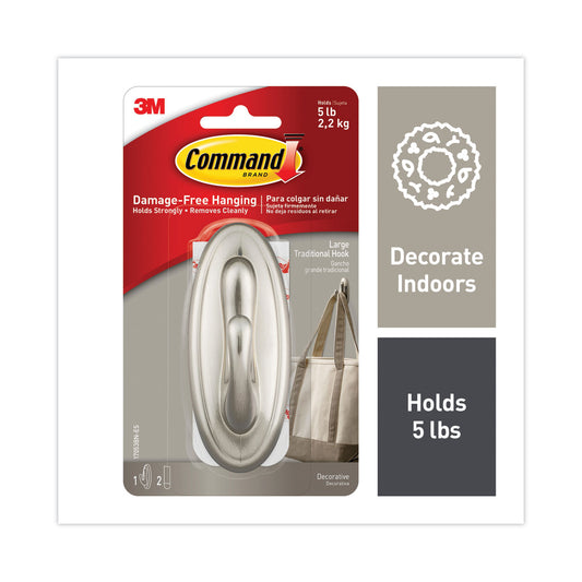 Large Traditional Decorative Hooks, Metal, Brushed Nickel, Supports 5 lb