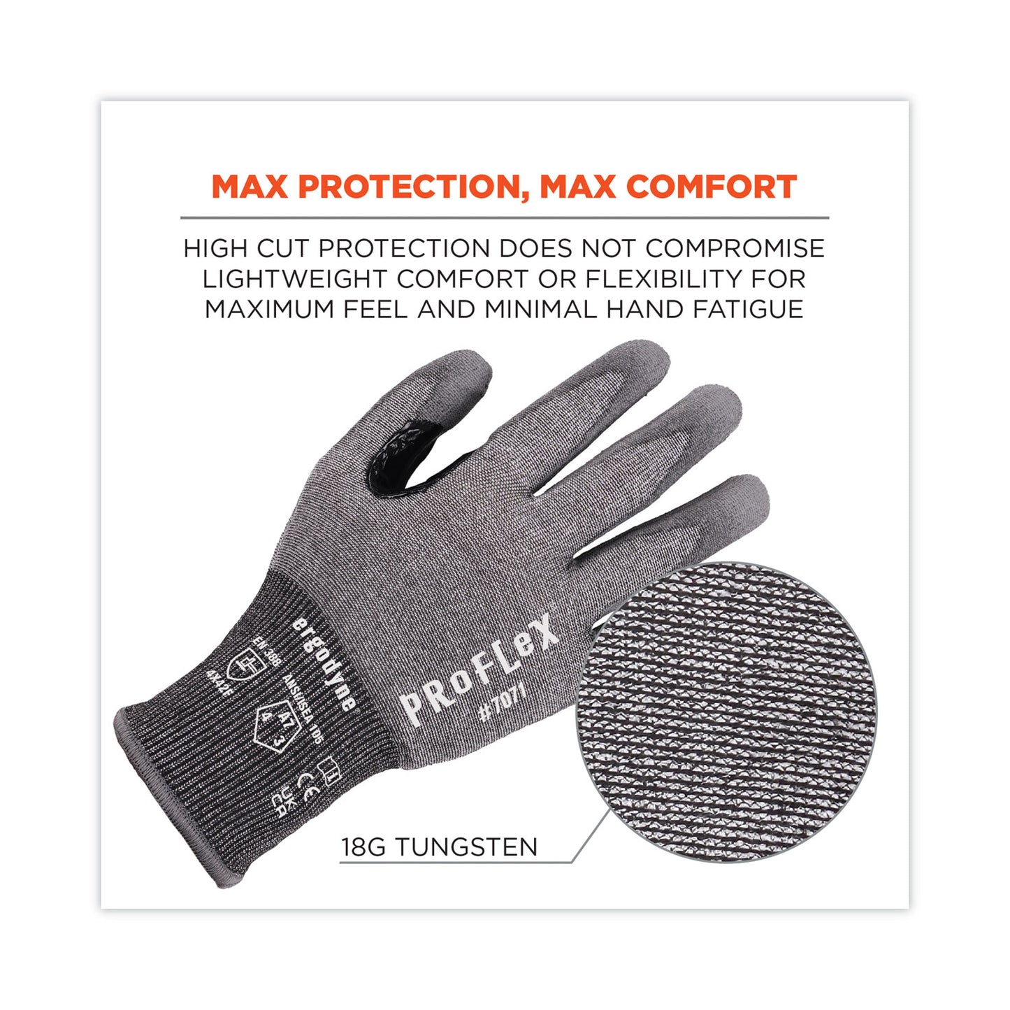 ProFlex 7071 ANSI A7 PU Coated CR Gloves, EN388: 4X42F, 9" Long, Medium, Gray, Pair