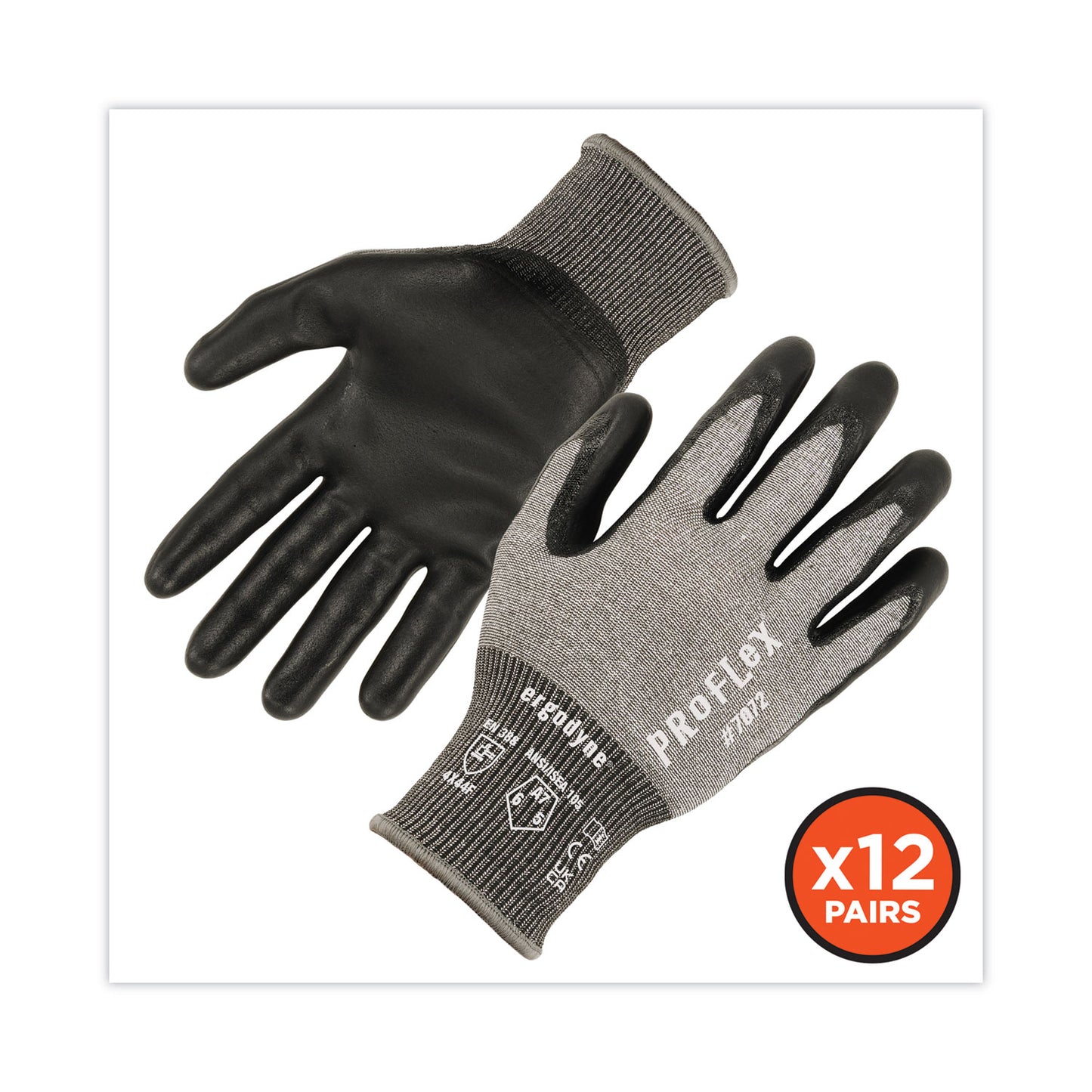 ProFlex 7072 ANSI A7 Nitrile-Coated CR Gloves, EN388: 4X44F, 9" Long, XX-Large, Gray, 12 Pairs