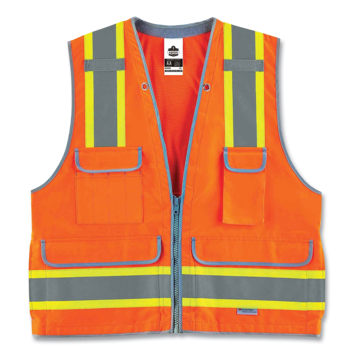 GloWear 8254HDZ Class 2 Heavy-Duty Surveyors Zipper Vest, Polyester, 4X-Large/5X-Large, Orange