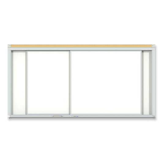 Horizontal Sliding Porcelain Magnetic Whiteboard, 144" x 48", White Surface, Anodized Aluminum Frame
