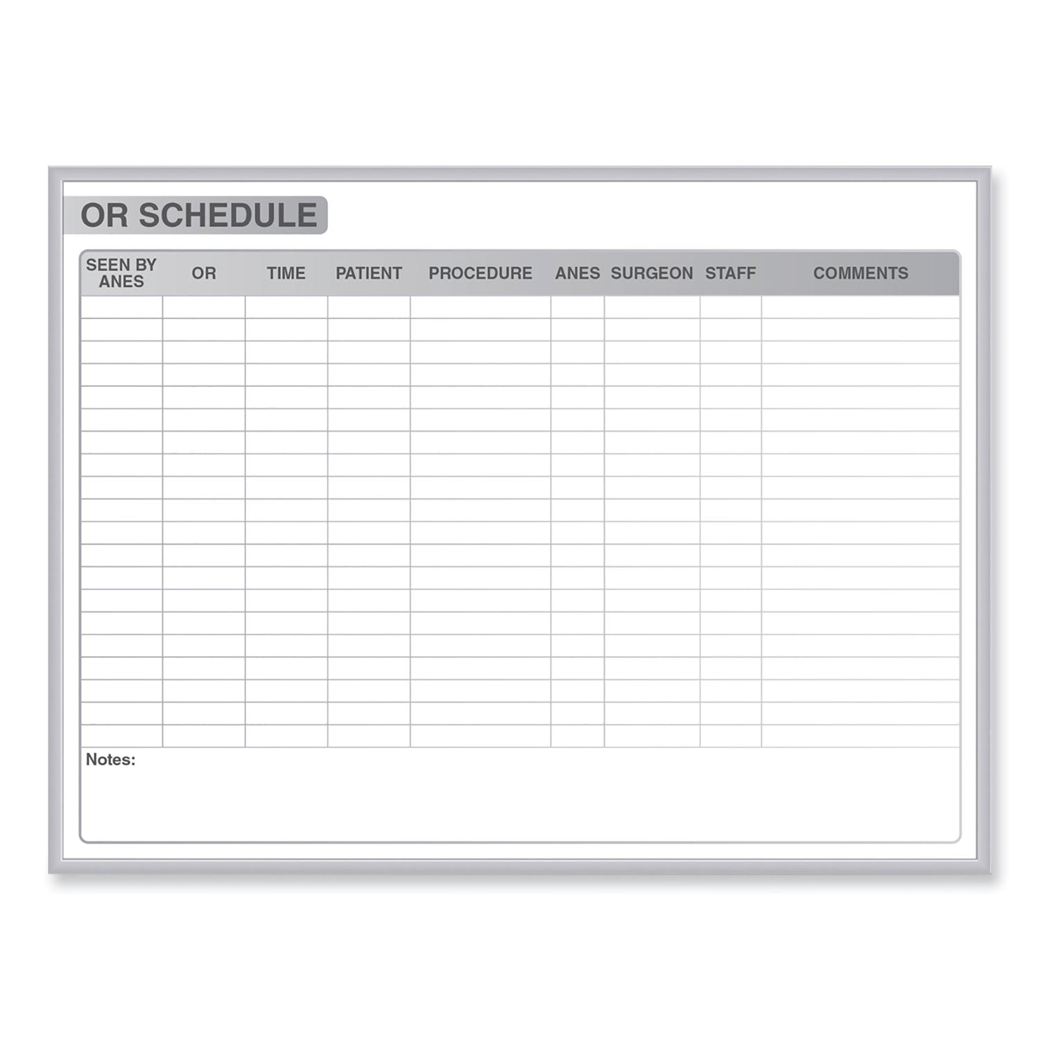 OR Schedule Magnetic Whiteboard, Operating Room Scheduling Chart, 72.5" x 48.5", White/Gray Surface, Satin Aluminum Frame