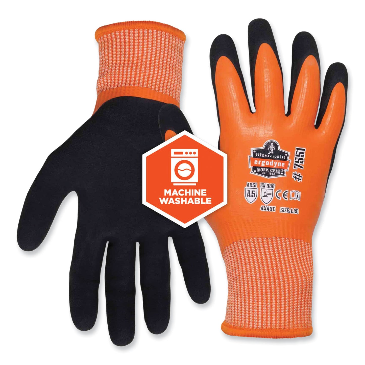 ProFlex 7551-CASE ANSI A5 Coated Waterproof CR Gloves, EN388: 4X43E, 10" Long, Medium, Orange, 144 Pairs/Carton