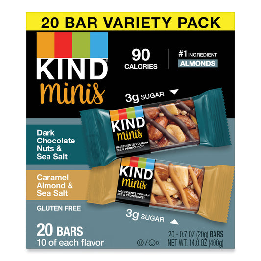 Minis, Dark Chocolate Nuts and Sea Salt/Caramel Almond and Sea Salt, 0.7 oz Bar, 20/Pack