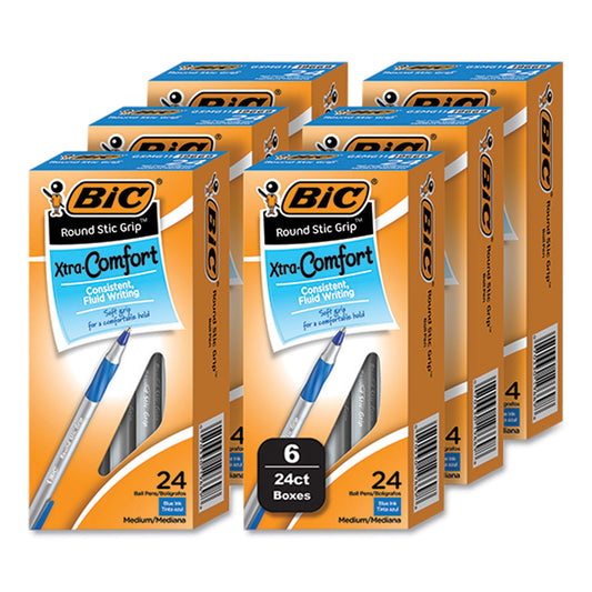 Round Stic Grip Xtra Comfort Ballpoint Pen, Stick, Medium 1 mm, Blue Ink, Gray/Blue Barrel, 144/Pack