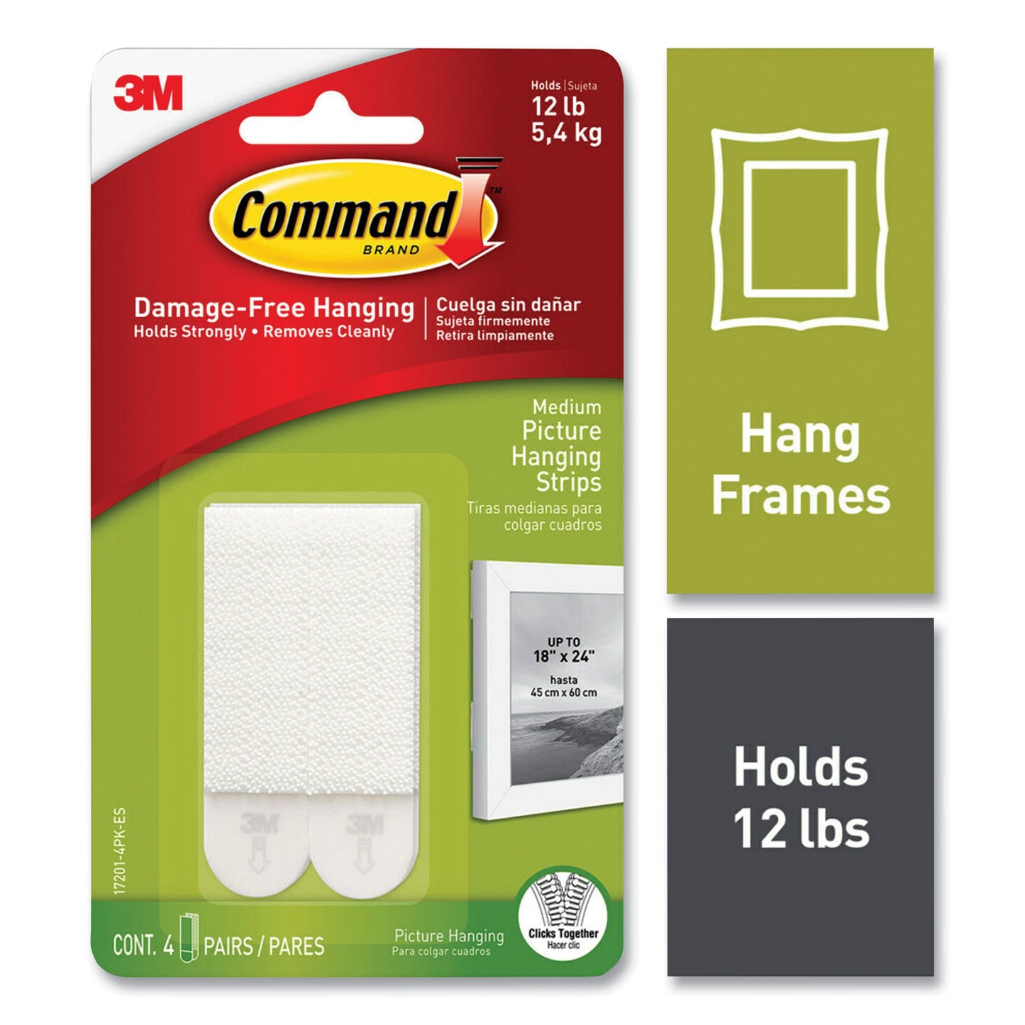 Damage-Free Hanging Picture Hanging Strip Pairs, Holds Up to 2.5 lb, Medium: 0.75" x 2.75", 4/Pack