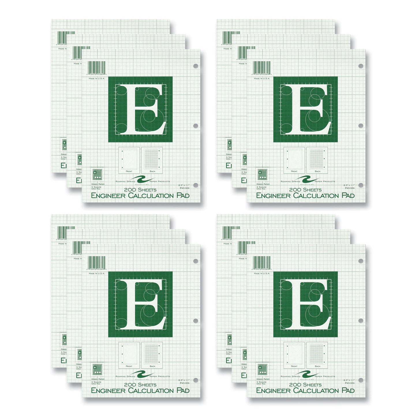 Engineer Pad, Data Format (0.5" Margin) and Quadrille Rule (5 sq/in, 1 sq/in), (200) Light Green 8.5 x 11 Sheets, 12/Carton